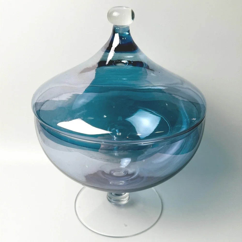Vintage Empoli Style Blue Blown Glass Covered Compote Pedestal Candy Dish MCM